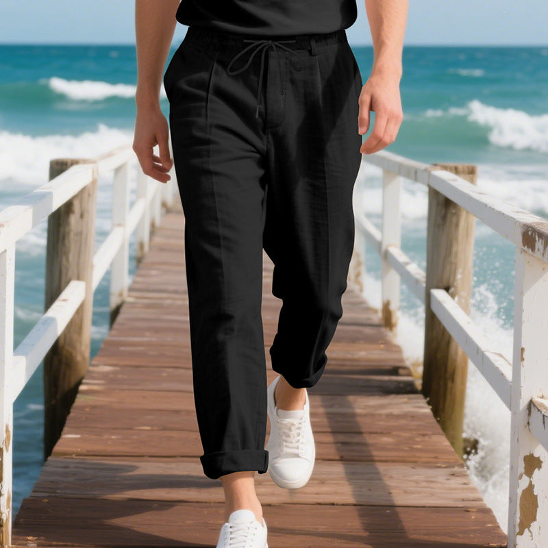 Herren nan strandtaugliche Leinenmisch-Loungehose mit elastischem Tunnelzug, dezenter Bundfalte und umgeschlagenem Knöchelabschluss R&B