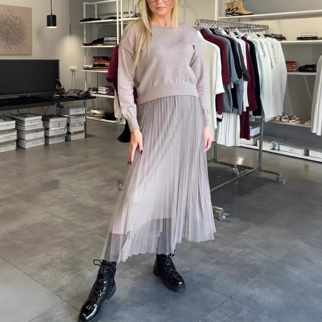 Damen Elegantes Faltenrock- und Pullover Set R&B