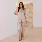 Damen Elegantes Satin-Pyjama-Set mit klassischem Kragen und bequemen weit geschnittenen Hosen R&B