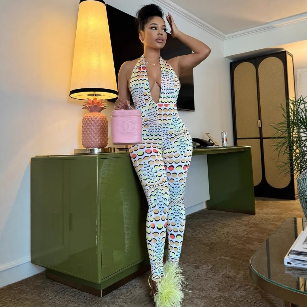 Damen Bodycon Jumpsuit mit tiefem V-Ausschnitt und exklusivem Muster R&B