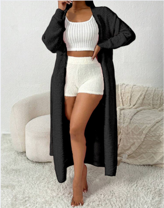 Damen Langer, flauschiger Cardigan mit Bindegürtel und V-Ausschnitt R&B