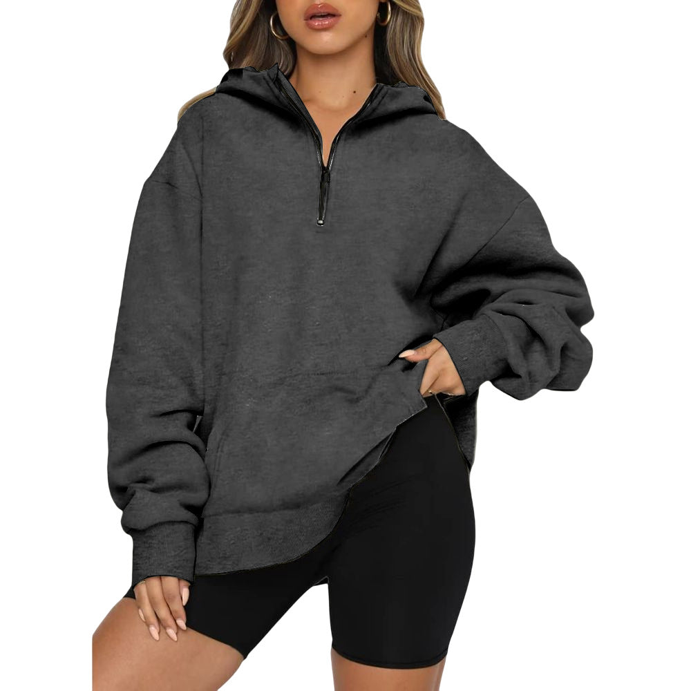 Damen Oversize Kapuzenpullover mit halbem Reißverschluss R&B