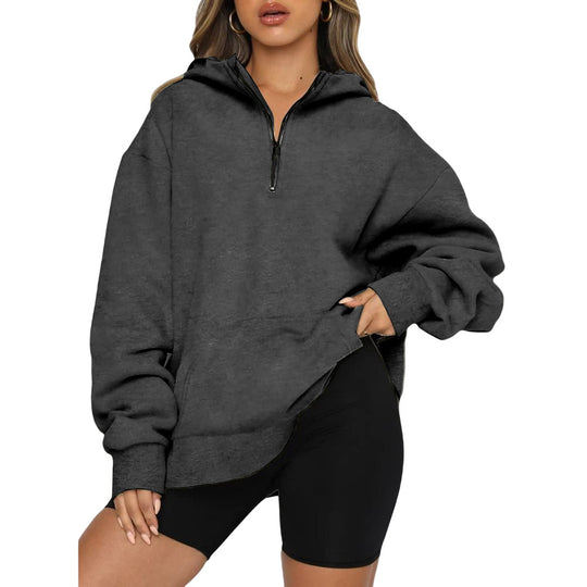 Damen Oversize Kapuzenpullover mit halbem Reißverschluss R&B