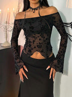 Damen nan transparentes Mesh-Top mit floraler Samt-Flock-Applikation, Carmen-Ausschnitt und kurzem Taillen-Saum R&B