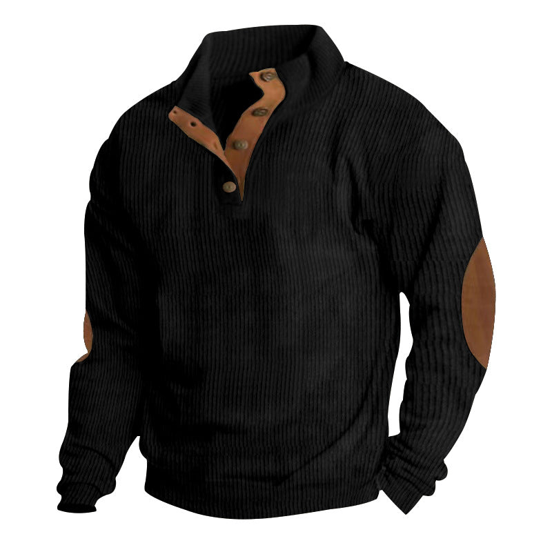 Herren nan gerippter Baumwollmix-Pullover mit Stehkragen, Knopfleiste und Lederoptik-Ellenbogenpatches R&B