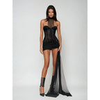 Damen Sexy Bodycon Kleid mit transparenten Details und Schnürung R&B