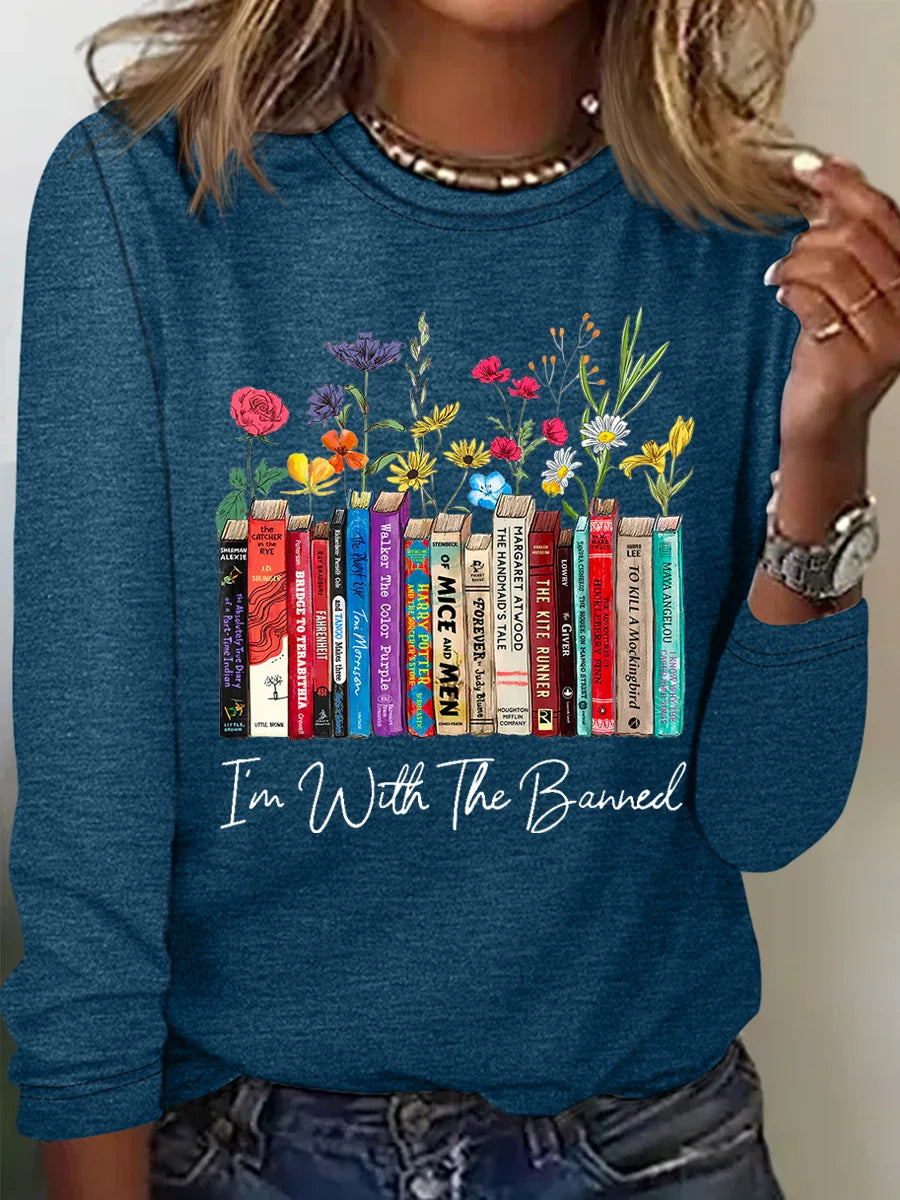 Damen Langarmshirt mit Bücher- und Blumenmotiv R&B