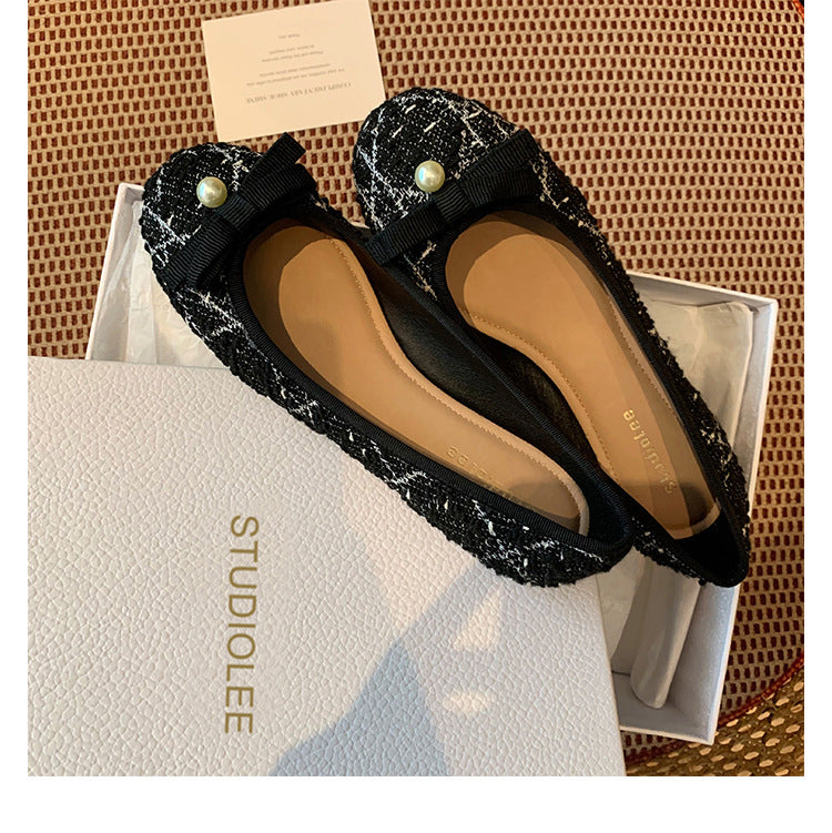 Damen Ballerina mit trendigem Tweed-Obermaterial und elegantem Perlenakzent