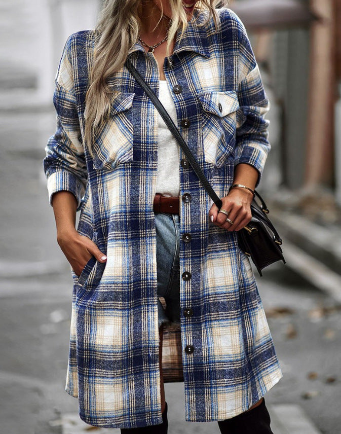 Damen Langarmhemdjacke im Karomuster mit großen Taschen
