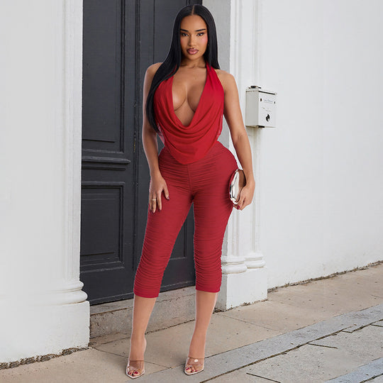 Damen Eleganter und figurbetonter Jumpsuit mit tiefem V-Ausschnitt und Raffungen R&B