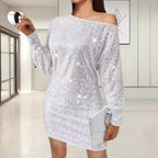 Damen Glamouröses Minikleid mit asymmetrischem Schulterdesign und Funkeleffekten R&B
