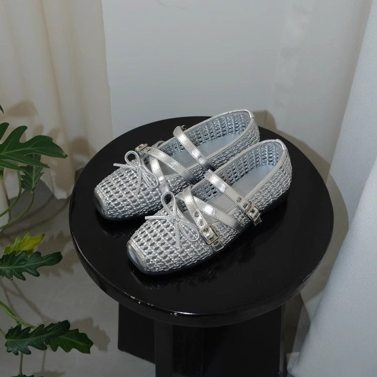 Damen Ballerina-Schuhe mit dekorativem Netzdesign und komfortablem Riemen