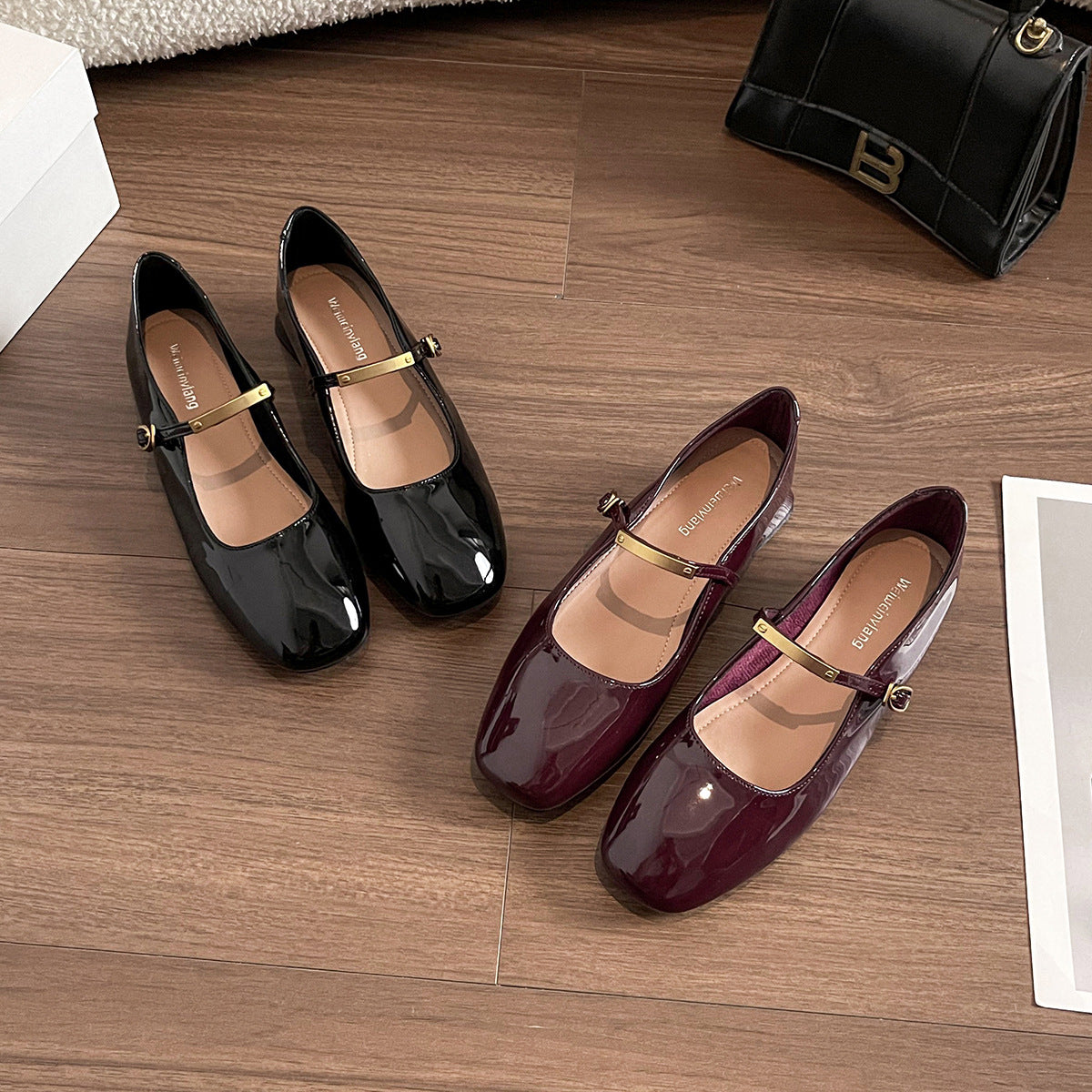 Damen Ballerinas mit elegantem Schnallenverschluss und glänzender Oberfläche