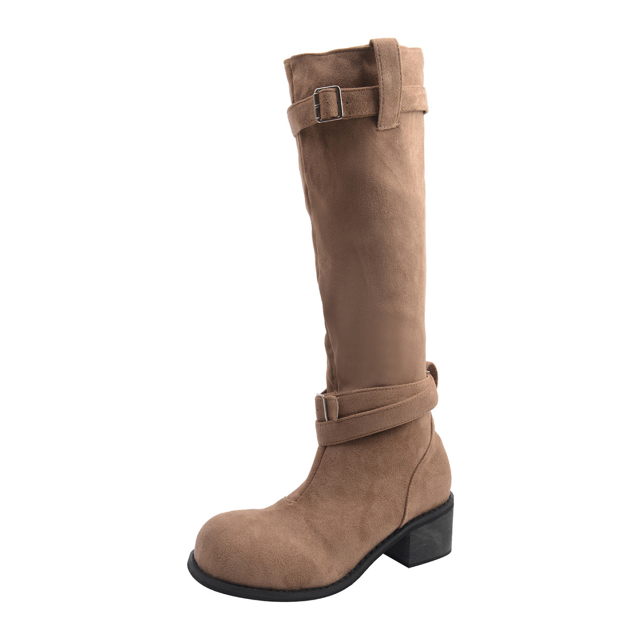 Damen hohe Stiefel mit modischen Schnallen und bequemem Blockabsatz R&B