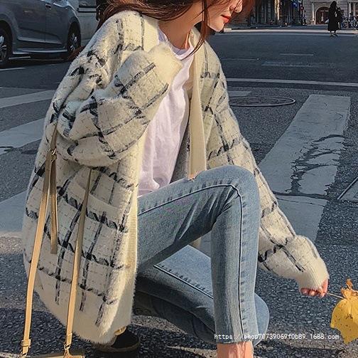 Damen Kuscheliger Oversized-Strickcardigan mit Karomuster R&B