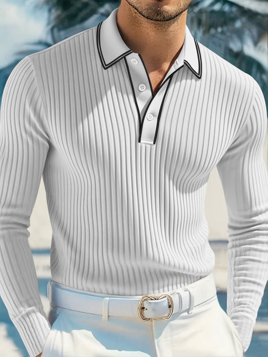 Herren nan schmal geschnittenes Rippstrick-Poloshirt mit Langarm, Kontrastpaspel und feiner Struktur R&B