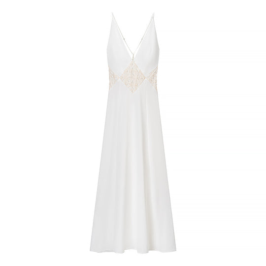 Damen Langarm Maxi-Kleid mit raffiniertem V-Ausschnitt und kunstvollem Spitzenbesatz R&B