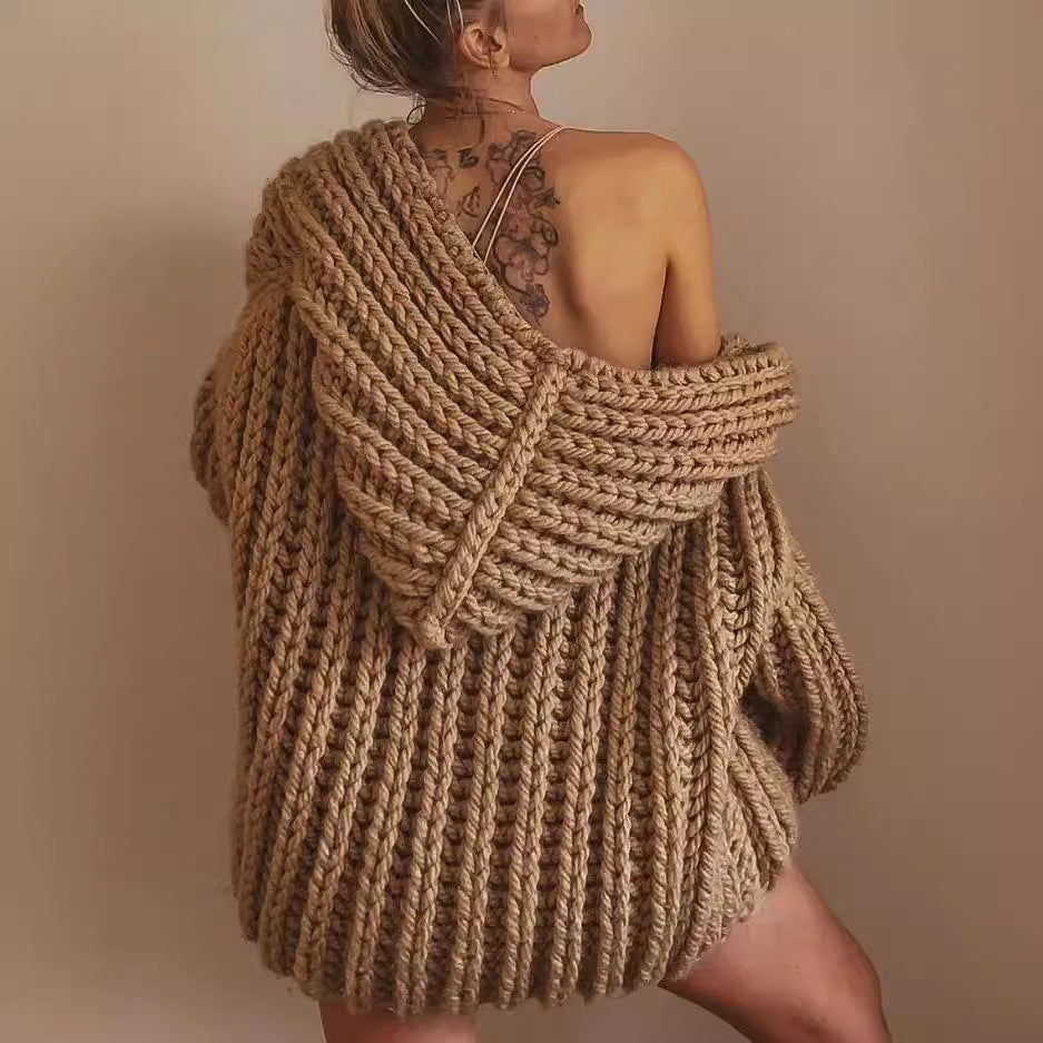 Damen lässige Strickweste mit Kapuze aus grobem Garn R&B
