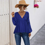 Damen lässige Bluse mit V-Ausschnitt und langen Puffärmeln R&B