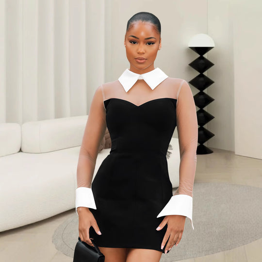 Damen Figurbetontes Spitzenkleid mit transparenten Ärmeln und klassischem Kragen R&B