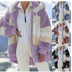 Damen Modische und warme Fleecejacke mit Kapuze und blockartigem Design R&B