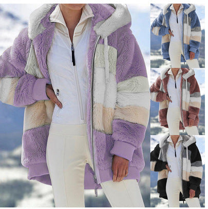 Damen Modische und warme Fleecejacke mit Kapuze und blockartigem Design R&B