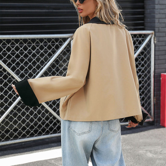 Damen lässige Jacke mit kontrastierenden Kragen und knöpfbarem Verschluss R&B