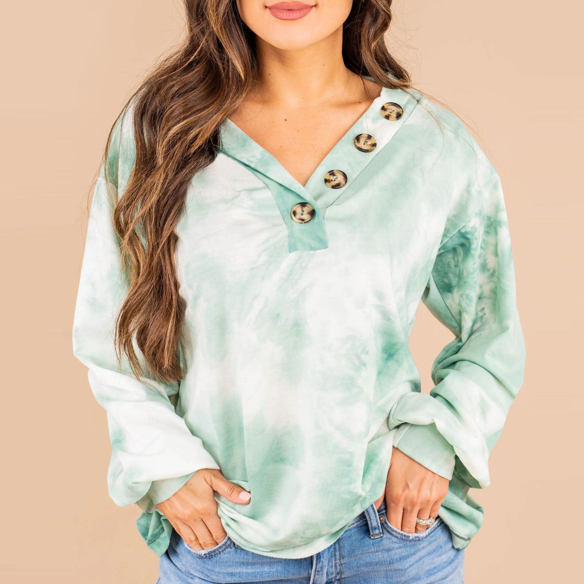 Damen lässiger Oversized-Pullover mit Knopfleiste R&B