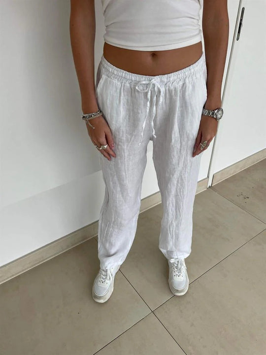 Damen lockere Leinenhose mit elastischem Bund und seitlichen Taschen R&B