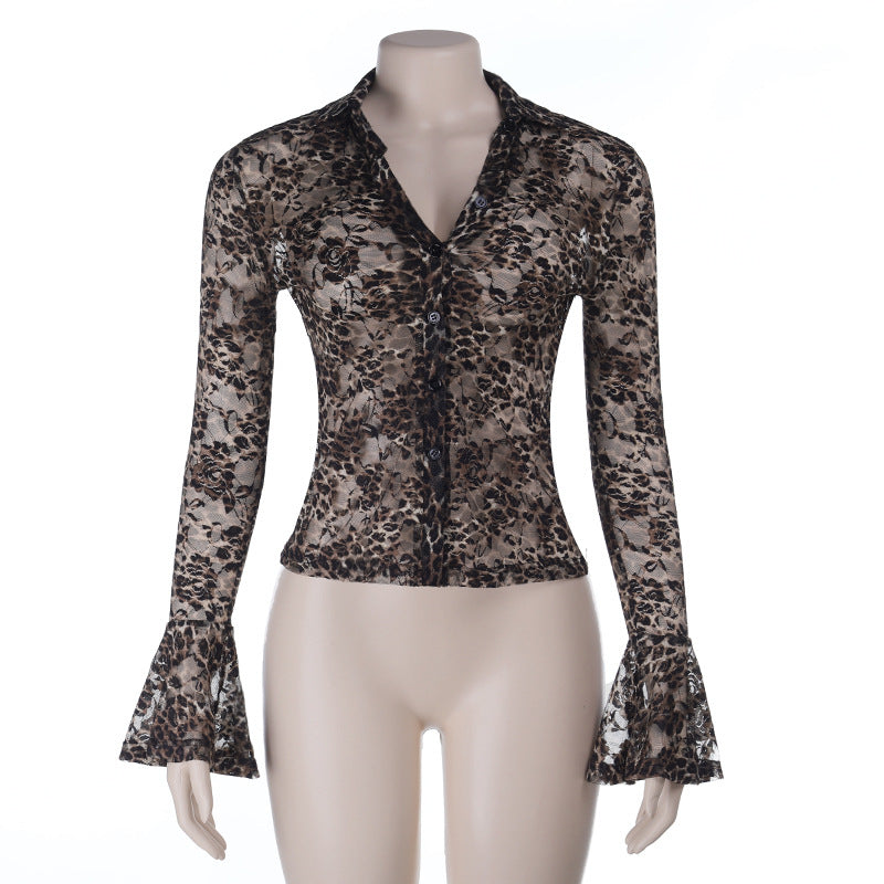 Damen Transparente Spitzenbluse mit Glockenärmeln