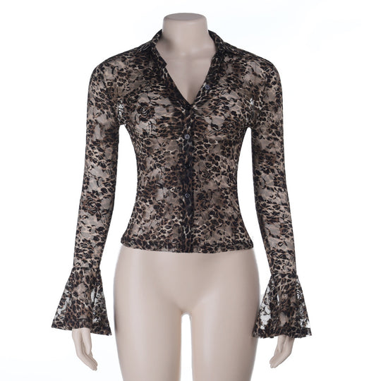 Damen Transparente Spitzenbluse mit Glockenärmeln R&B