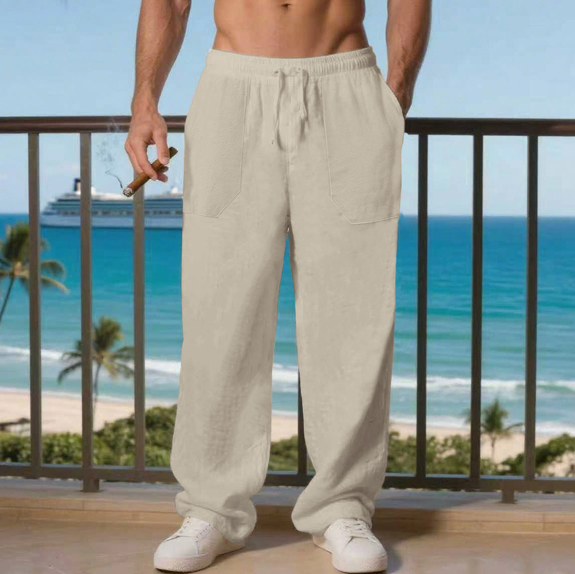 Herren Bequeme Strandhose mit seitlichen Taschen und elastischem Bund R&B