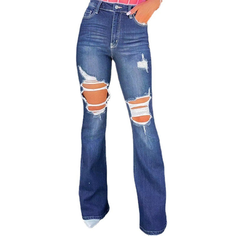 Damen Flared Jeans mit modischen Destroyed-Effekten und hohem Bund R&B