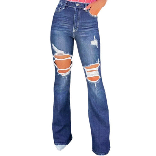 Damen Flared Jeans mit modischen Destroyed-Effekten und hohem Bund R&B