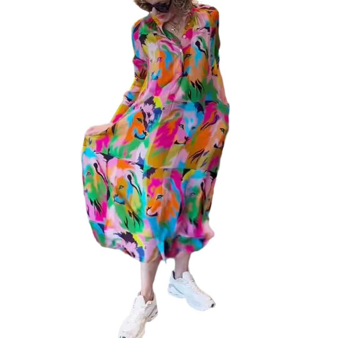 Damen nan Hemdblusen-Maxikleid mit Pop‑Art-Löwenprint, Knopfleiste und Eingrifftaschen R&B