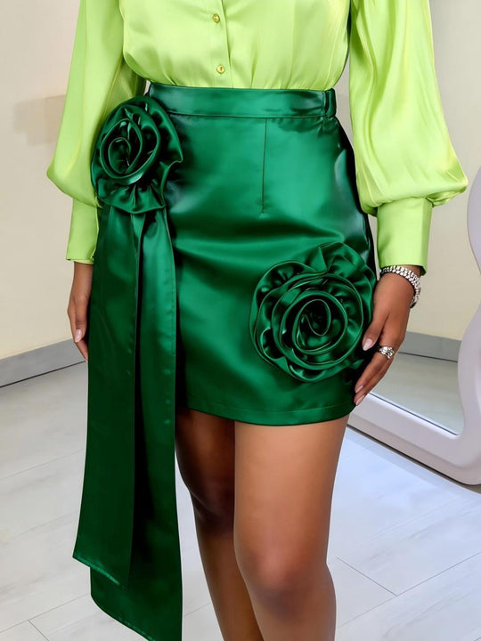 Damen Satinrock mit floralem Rüschen-Design und taillierter Schleife R&B