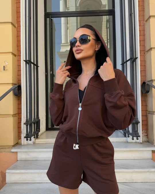 Damen lässiges Cropped Hoodie- und Shorts-Set mit praktischen Kordelzügen R&B
