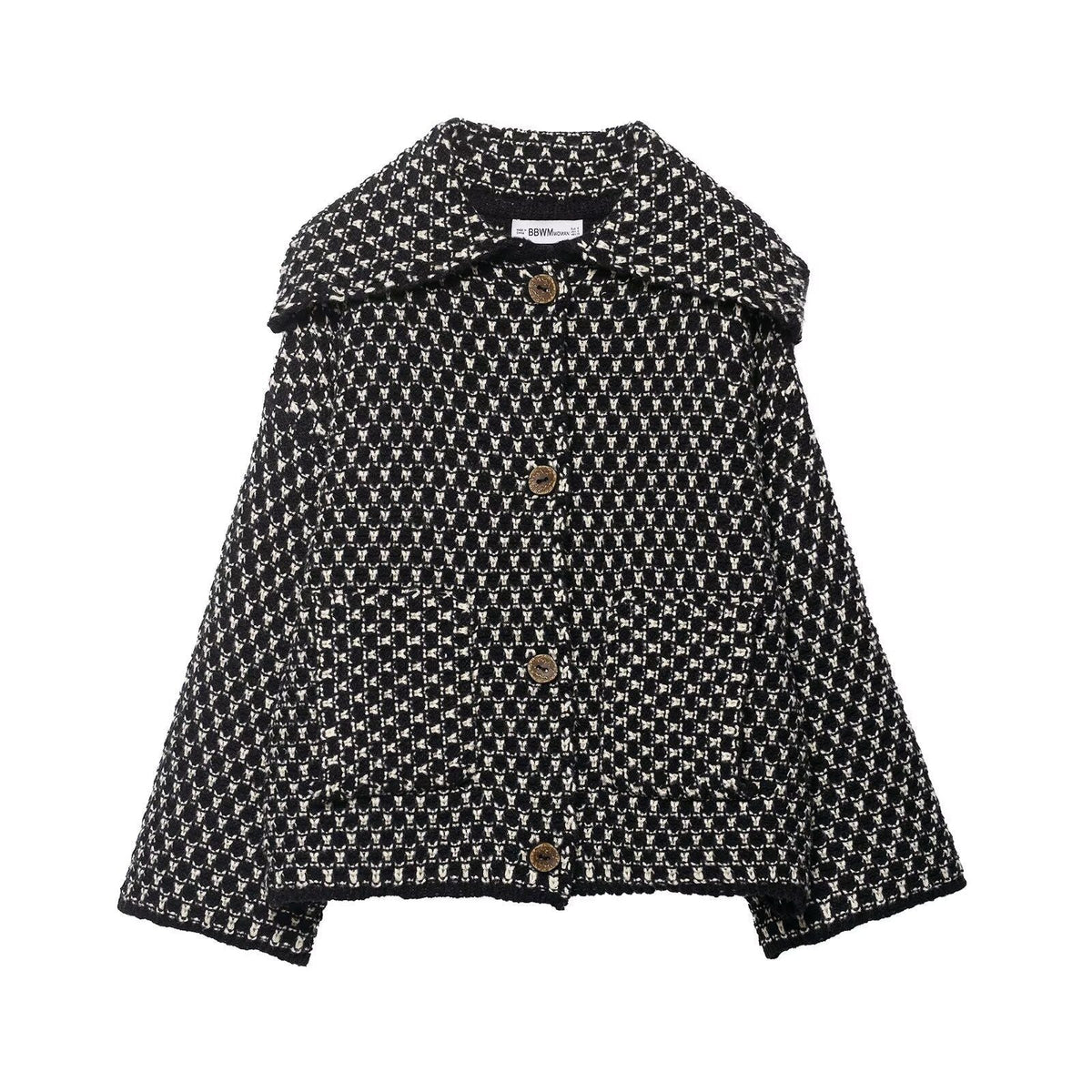 Damen nan kastige Bouclé-Tweedjacke mit großem Umlegekragen, aufgesetzten Taschen und dekorativen Holzknöpfen R&B