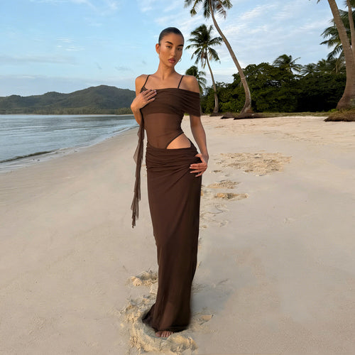 Damen elegantes Abendkleid mit raffinierten Rüschendetails und transparenten Einsätzen R&B