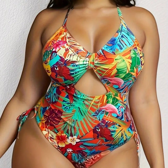 Damen Einteiliger Badeanzug mit exotischem Schnitt und buntem Tropen-Design R&B