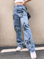 Damen Weit geschnittene Jeans mit kreativem Schmetterlingsdruck R&B