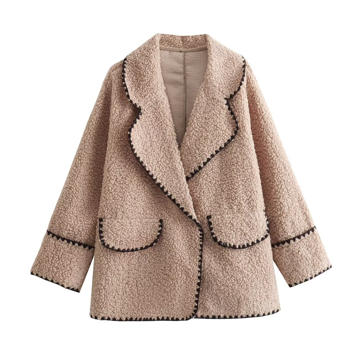 Damen nan kurz geschnittener Teddy-Mantel mit großem Schalkragen, aufgesetzten Taschen und kontrastierendem Zierbesatz R&B