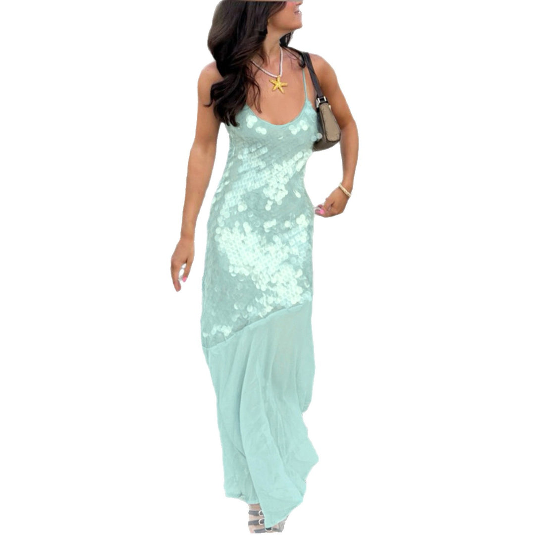 Damen Maxikleid mit glitzernden Pailletten und fließendem Rock R&B