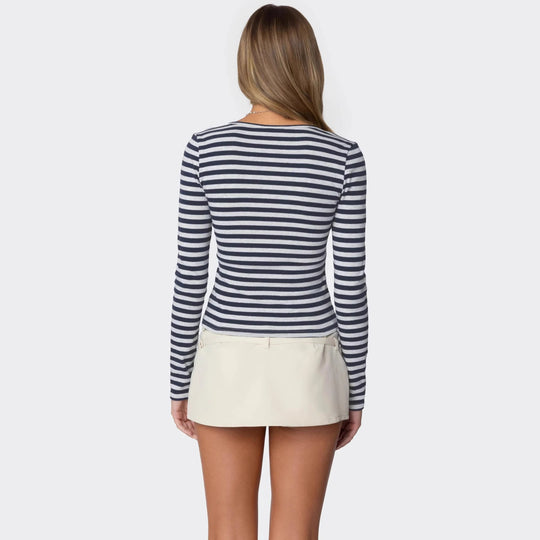 Damen Langarmshirt mit Quadrat-Ausschnitt und maritimem Streifenmuster R&B