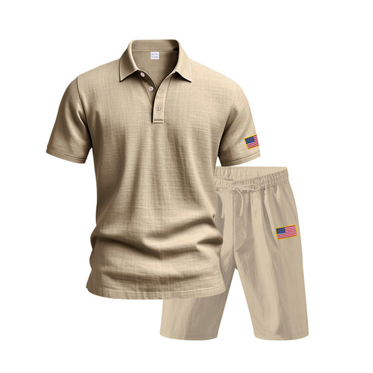 Herren Polo- und Shorts-Set mit gesticktem Länderflaggen-Motiv R&B
