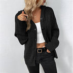 Damen lässige Strickjacke mit Kapuze und Knopfverschluss R&B