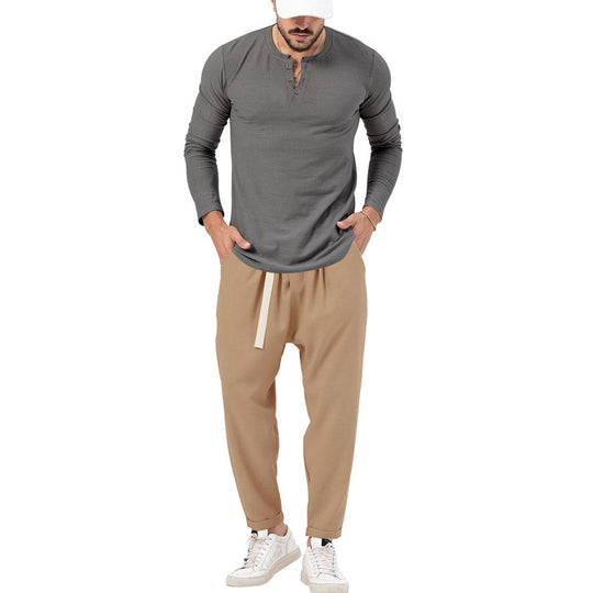 Herren lässiges Langarm-Henley-Shirt kombiniert mit eleganter Jogginghose R&B