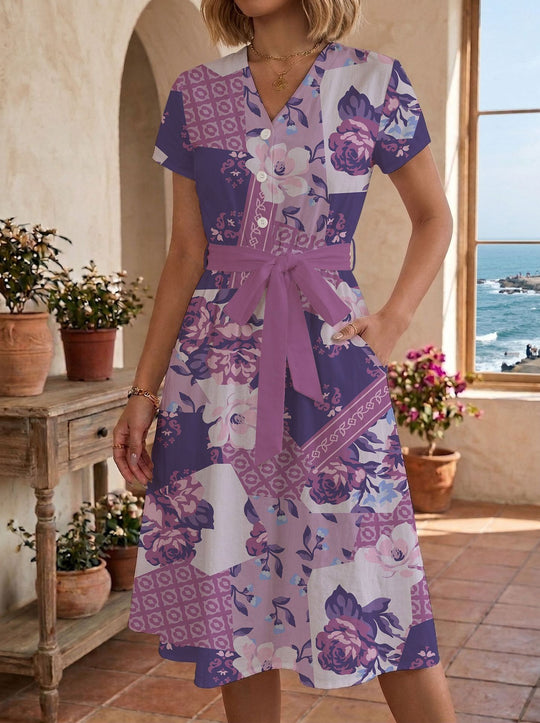 Damen Sommerliches Kleid mit taillierbarem Bindegürtel und floralem Muster R&B