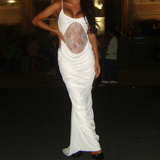 Damen Elegantes langes Kleid mit transparentem Spitzenbesatz und raffinierten Drapierungen R&B