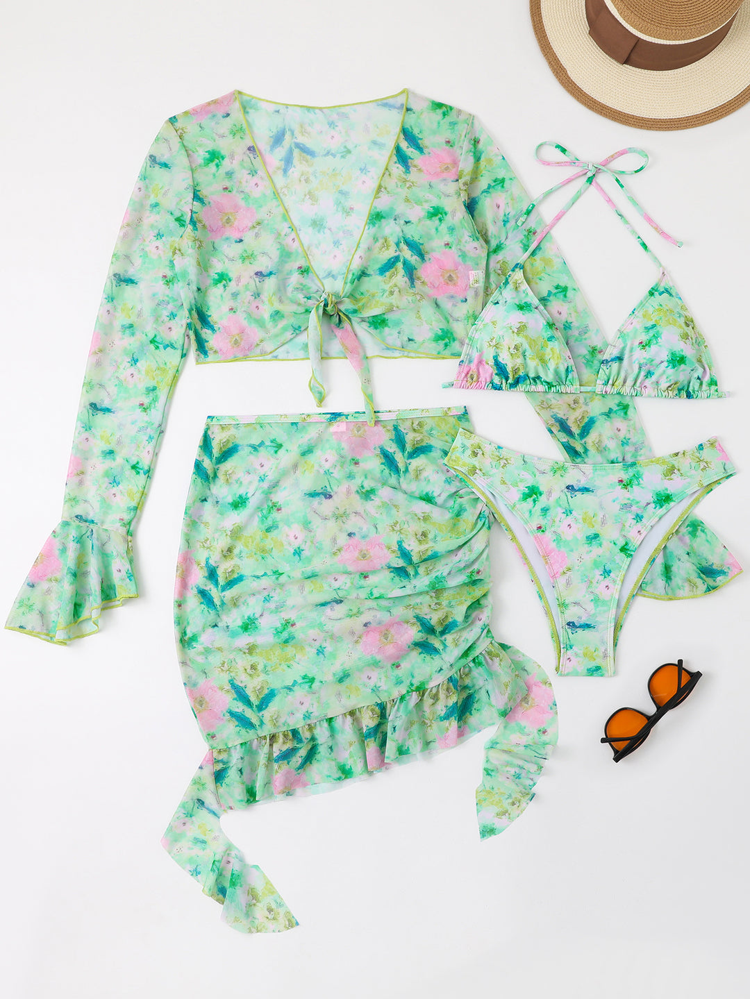 Damen Blusen-Badeoutfit mit buntem Blumenmuster R&B